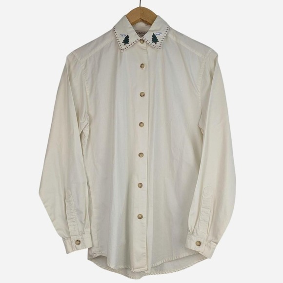 Vintage Tops - Vintage Ashley Pine Tree Embroidered Collar Cotton Blouse Cream Size 6